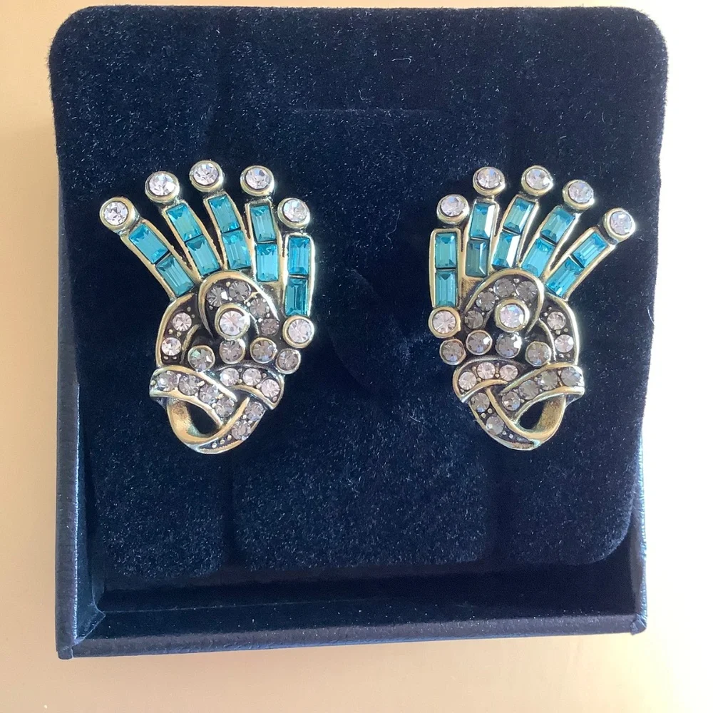HEIDI DAUS Crystal Hue Persuasion Button Art Deco Earrings Turquoise Omega Backs